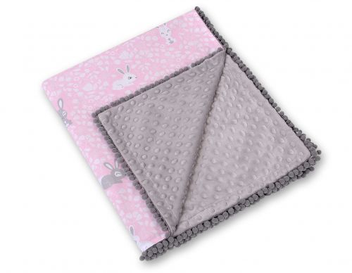 Double-sided blanket minky with pompoms - pink rabbits