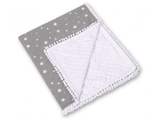 Double-sided blanket minky with pompoms - mini stars white