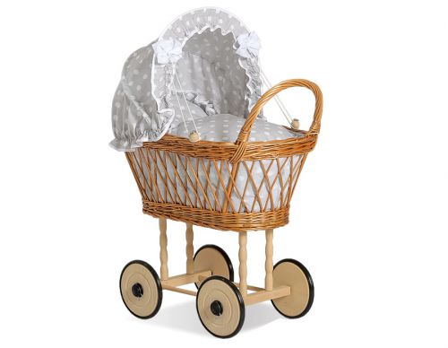 Wicker dolls\' pram with grey bedding and padding - natural