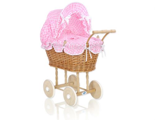 Wicker dolls\' pram with bedding and padding - natural