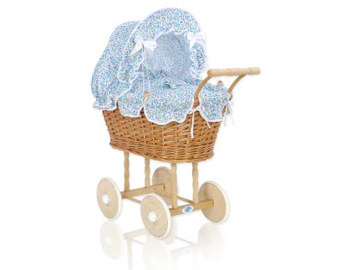 Wicker dolls\' pram with blue bedding and padding - natural