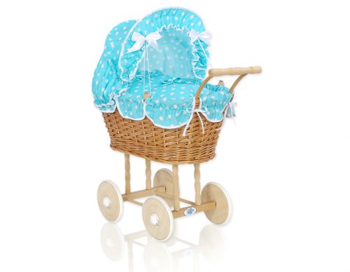 Wicker dolls\' pram with turquoise bedding and padding - natural