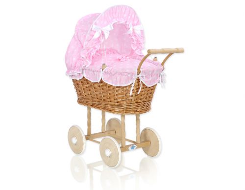 Wicker dolls\' pram with pink bedding and padding - natural