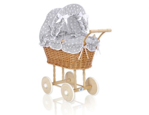 Wicker dolls\' pram with grey bedding and padding - natural