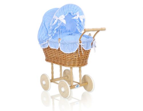 Wicker dolls\' pram with brown bedding and padding - natural