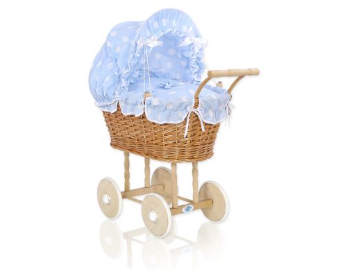 Wicker dolls\' pram with blue bedding and padding - natural