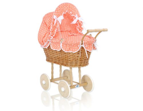 Wicker dolls\' pram with peach bedding and padding - natural