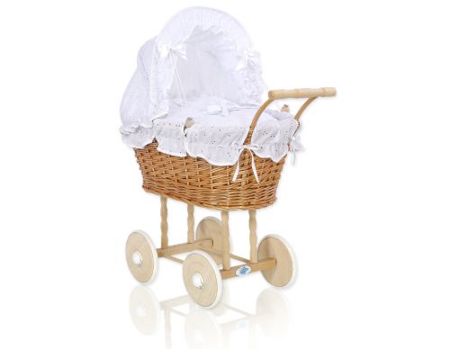 Wicker dolls\' pram with white bedding and padding - natural