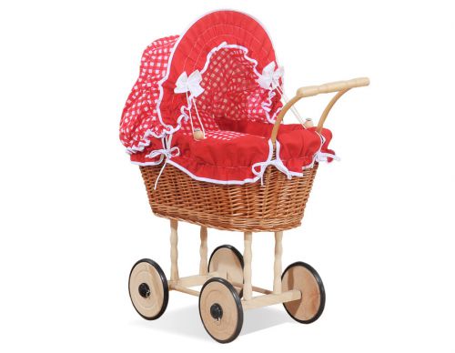Wicker dolls\' pram with red bedding and padding - natural