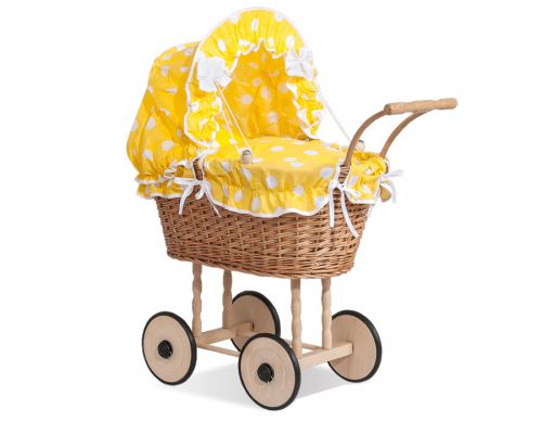 Wicker dolls\' pram with yellow bedding and padding - natural