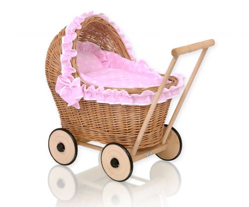 Wicker doll pushchair with pink bedding and soft padding - natural