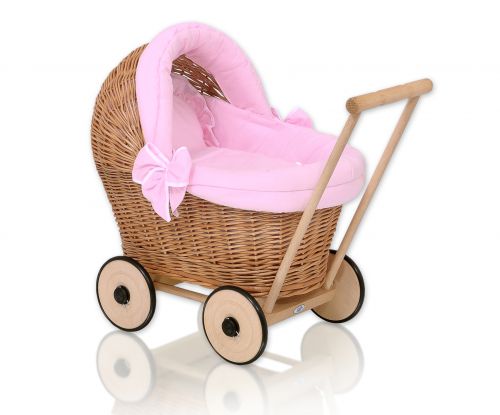 Wicker doll pushchair with bedding and soft padding - natural
