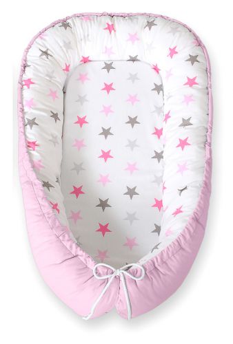 Baby nest double-sided Premium Cocoon for infants BOBONO- gray-pink stars/ gray