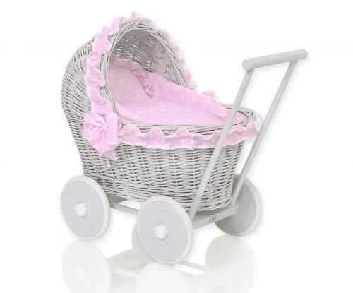 Wicker doll pushchair grey with pink bedding and soft padding