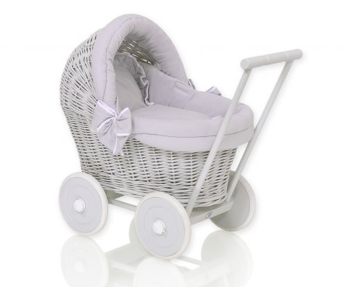 Wicker doll pushchair grey with grey bedding and soft padding