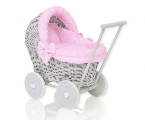 Wicker doll pushchair grey with pink bedding and soft padding