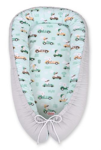 Baby nest double-sided Premium Cocoon for infants BOBONO- mint rabbits/gray
