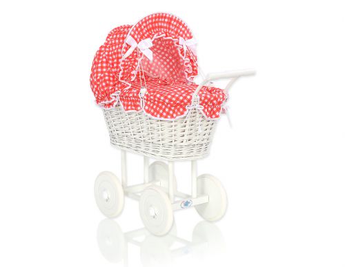 Wicker dolls\' pram with red bedding and padding - white
