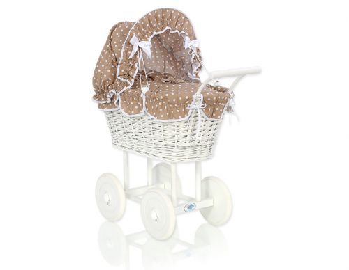 Wicker dolls\' pram with brown bedding and padding - white
