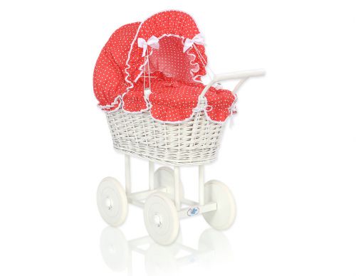 Wicker dolls\' pram with red bedding and padding - white