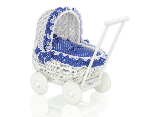 Wicker doll pushchair white with bedding navy blue
