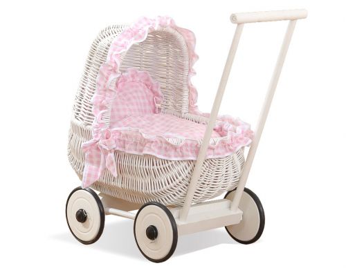 Wicker doll pushchair white with bedding pink