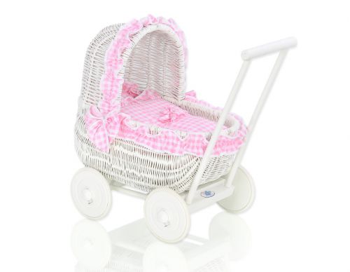 Wicker doll pushchair white with bedding pink