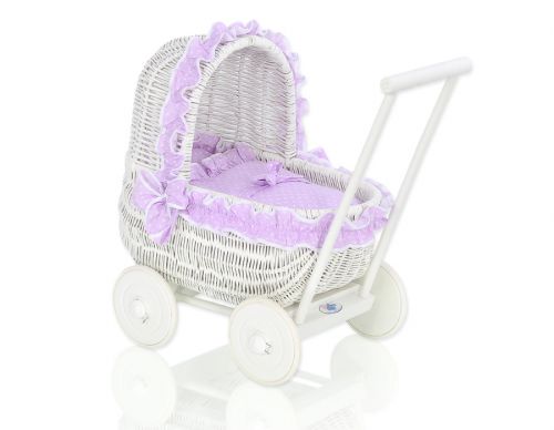 Wicker doll pushchair white with bedding lilac