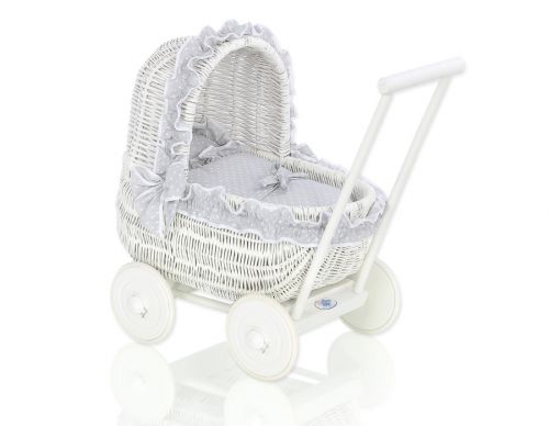 Wicker doll pushchair white with bedding grey
