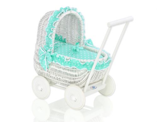 Wicker doll pushchair white with bedding mint