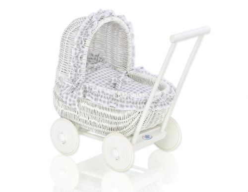 Wicker doll pushchair white with bedding grey