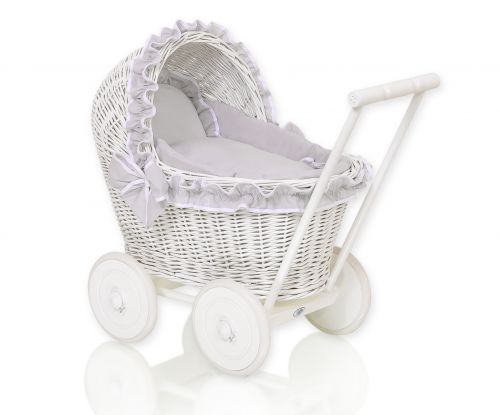 Wicker doll pushchairwhite  with grey bedding and soft padding