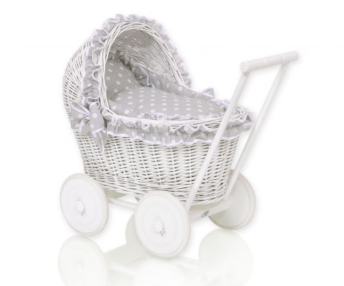 Wicker doll pushchair white with grey bedding and soft padding