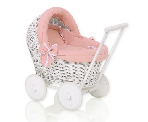 Wicker doll pushchair white with bedding and soft padding pastel pink