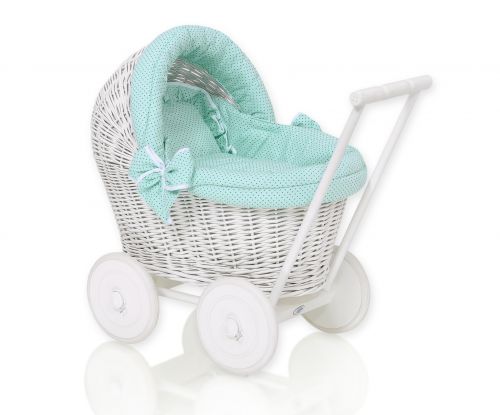 Wicker doll pushchair white with mint bedding and soft padding