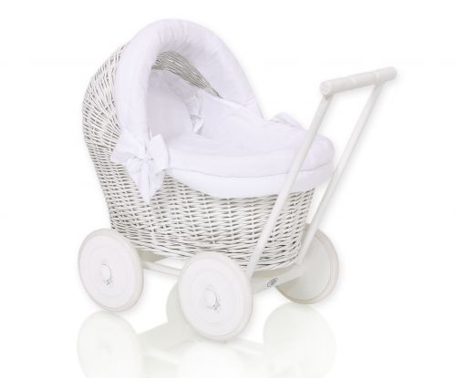 Wicker doll pushchair white with white bedding and soft padding