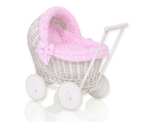 Wicker doll pushchair white with pink bedding and soft padding