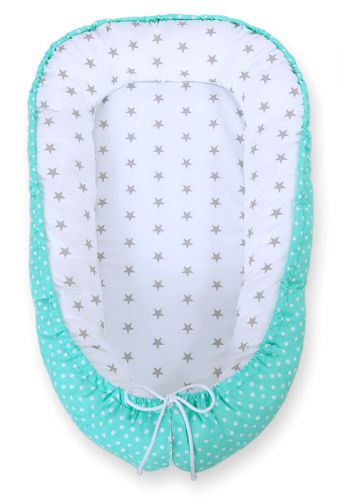 Baby nest double-sided Premium Cocoon for infants BOBONO- grey stars/ dots on mint