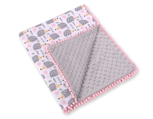 Double-sided blanket minky with pompons - hedgehogs grey
