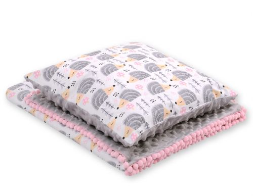 Set: Double-sided blanket minky + pillow- hedgehogs grey