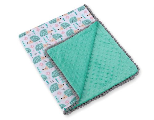 Double-sided blanket minky with pompons -  hedgehogs mint