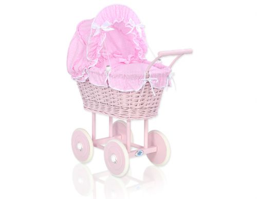 Wicker dolls\' pram with pink bedding and padding - pink