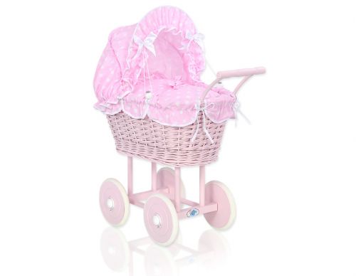 Wicker dolls\' pram with pink bedding and padding - pink