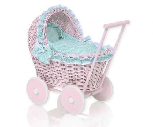 Wicker doll pushchair pink with mint bedding and soft padding