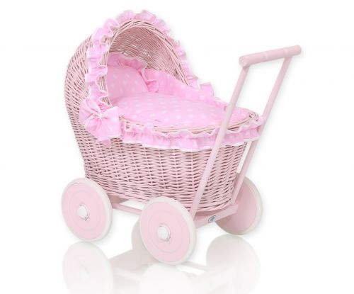 Wicker doll pushchair pink with pink bedding and soft padding