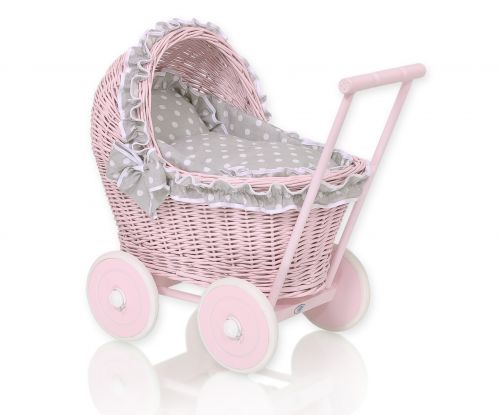 Wicker doll pushchair pink with grey bedding and soft padding
