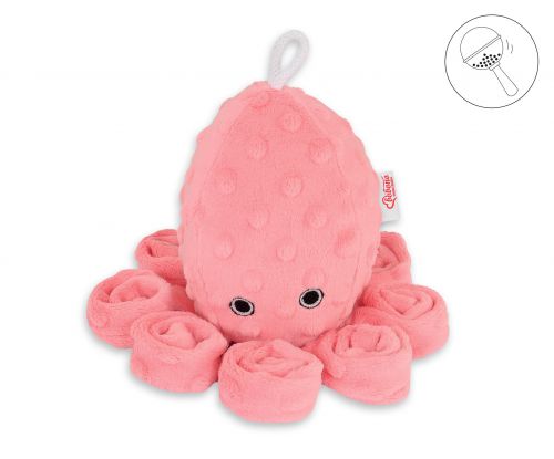 Cuddly octopus with rattle - coral - polka dot minky