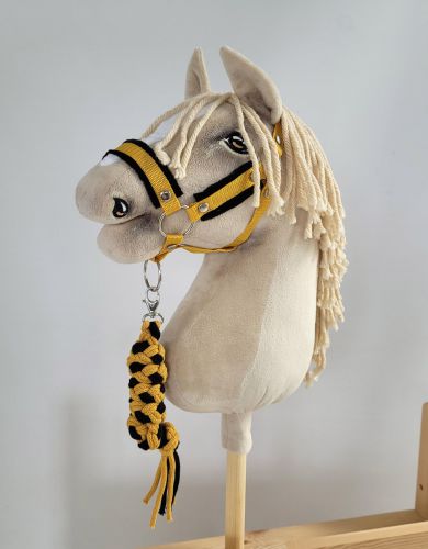 Set for Hobby Horse: the halter A3 with black furry + Tether made of cord - black-honey yellow