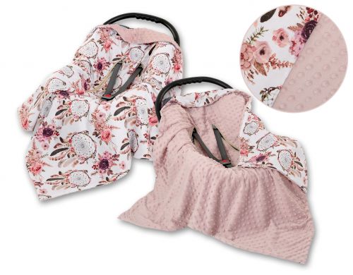 Big double-sided car seat blanket for babies - flower dream catchers/pastel pink