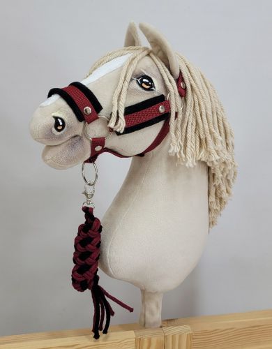 Set for Hobby Horse: the halter A3 with black furry + Tether made of cord - black-burgundy